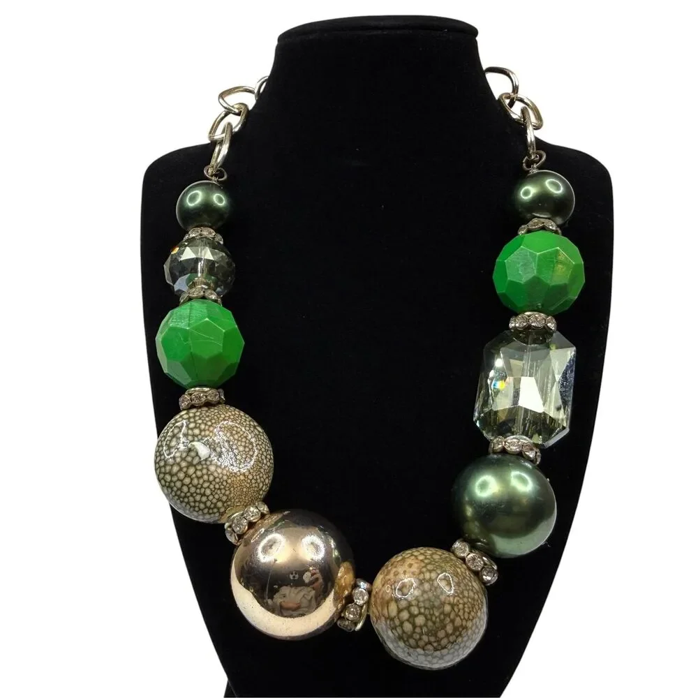 Chunky Statement Necklace Green Gold Tone Beaded Fashion Jewelry Adjustable 20